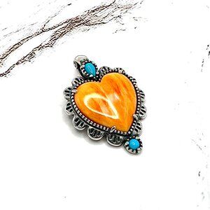 American West Navajo 925 Sterling Silver Orange Spiny & Turquoise Heart Pendant